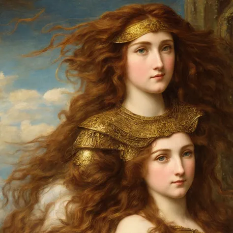 Pre-Raphaelite close-up portrait of a young maiden with long hair, wearing intricate armor, glorious atmosphere, high-quality, high definition