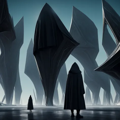 (The best quality)Hooded person looking at the futuristic architecture of an advanced civilization on another planet with dark color palette