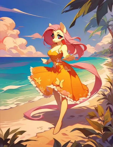 safe content, mammal, anthro, female, fur, solo, hair, Fluttershy, red sclera, dress, white eyes, official art, beach, sunset