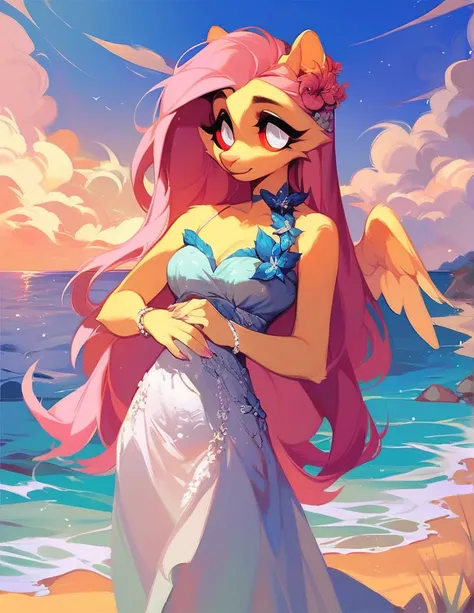 safe content, mammal, anthro, female, fur, solo, hair, Fluttershy, red sclera, dress, white eyes, official art, beach, sunset