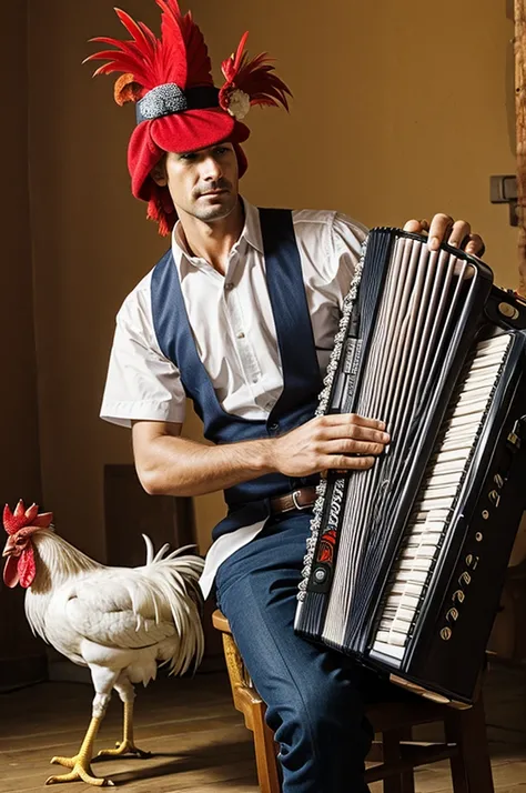 A rooster playing accordion 
