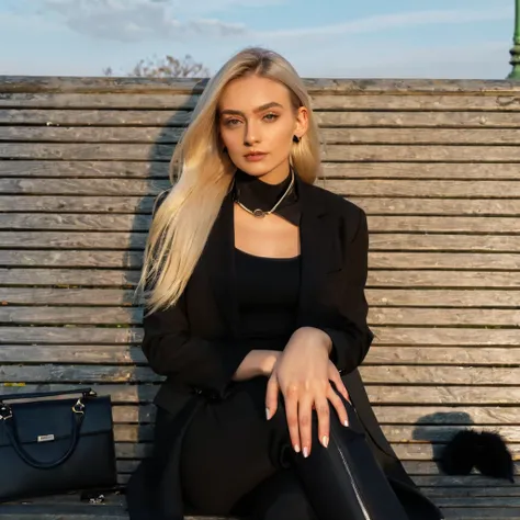 blonde woman sitting on a bench with a black purse and a black purse, black suit, Dressed all in black, wearing black clothes, sitting on a bench, Mia Kischner, inspired by Emma Andijewska, total black suit, sitting on the bench, sitting on a bench del par...