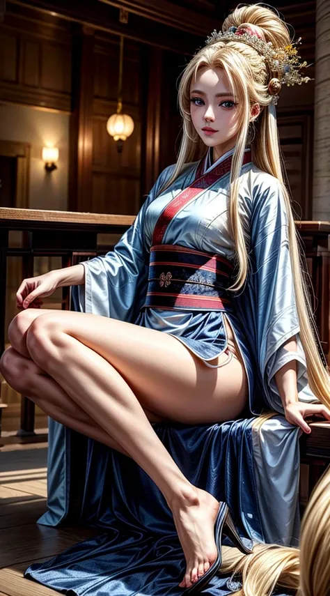 (masterpiece), high-definition Hanfu women, European and American face, perfect face, long blonde hair, blue eyes, very charming.