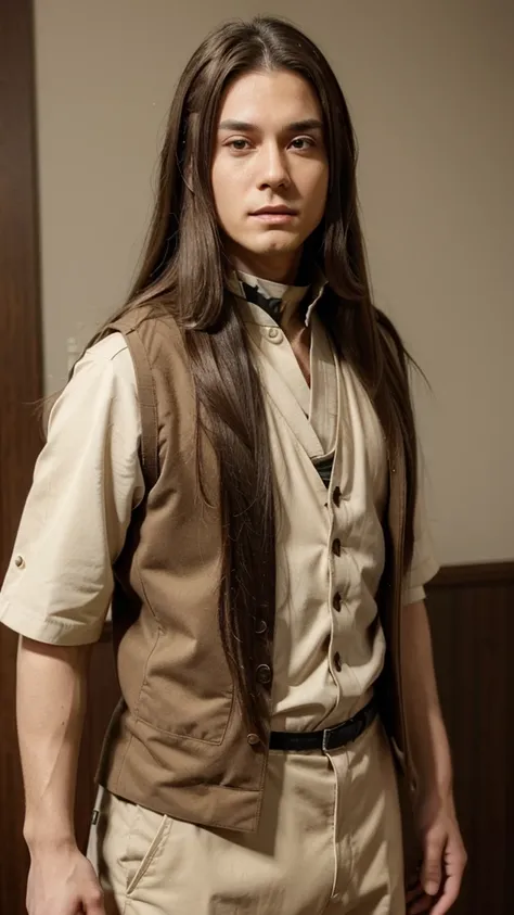 Boy, long hair, brown hair, parted in the middle, ninja band on his forehead, beige high-neck vest-type outfit Appearance of Neji Hyuga from Naruto  https://images.app.goo.gl/SPRrSc4MFtyZyeDt5