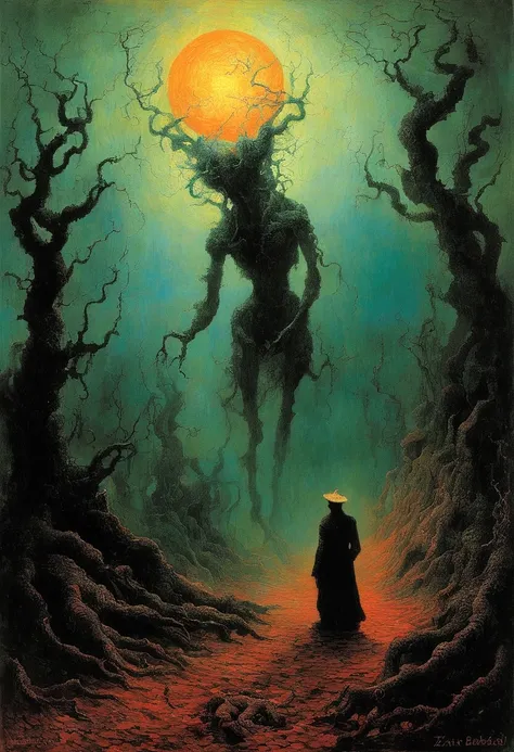 mythical creatures, author：zdzislaw beksiński and vincent van gogh, muchet, romantic, surrealism,satan, coral, wizard, dark fore...