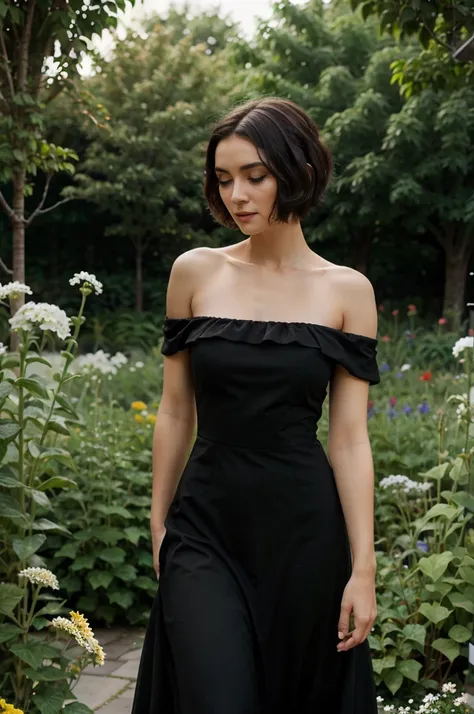 beautiful woman with short hair wearing a long black dress in the flower garden