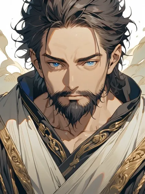 A man with a small beard and dark hair with blue eyes