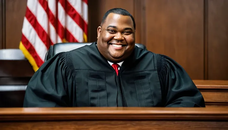 overweight smiling black judge sitting in court behind bench, short pompadour hair, american flag on left side in background, navy blue flag with gold trim on right side in background