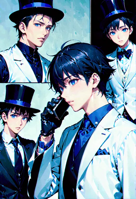 Anime characters dressed in white suit and top hat talking on a cell phone, He is wearing a top hat, Anime Man, Tall anime guy with blue eyes, as an Anime characters, yukio - e, Anime characters, With glass eyes and top hat, tezuka osamu, shinichi sakamoto...