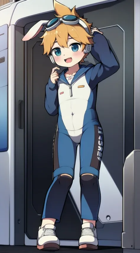 2D Boy Shota，One-piece mountaineering suit，Slim, Put the headphones on your head，stand up，goggles，Rabbit ears，happy，Sailor collar，tie，Zipper pulled down，sports shoes