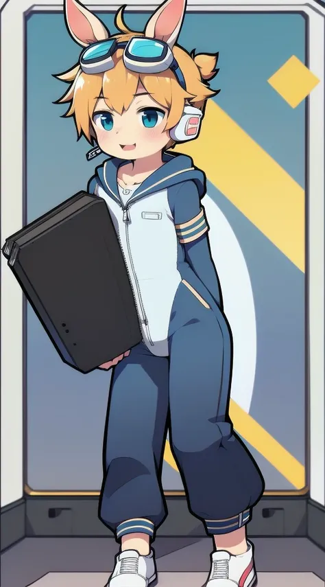 2D Boy Shota，One-piece mountaineering suit，Slim, Put the headphones on your head，stand up，goggles，Rabbit ears，happy，Sailor collar，tie，Zipper pulled down，sports shoes