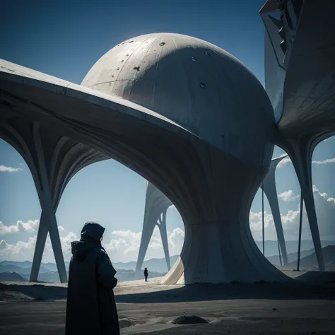 (The best quality)Hooded person looking at the futuristic architecture of an advanced civilization on another planet with dark color palette