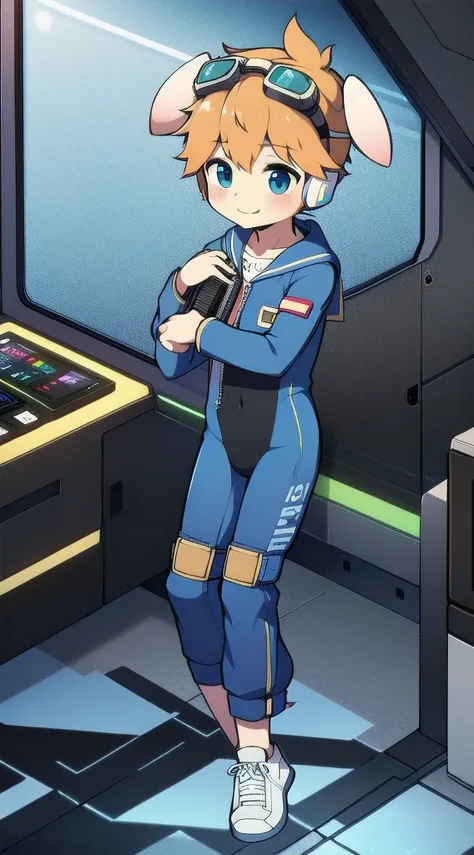 2D Boy Shota，One-piece mountaineering suit，Slim, Put the headphones on your head，stand up，goggles，Rabbit ears，happy，Sailor collar，tie，Zipper pulled down，sports shoes