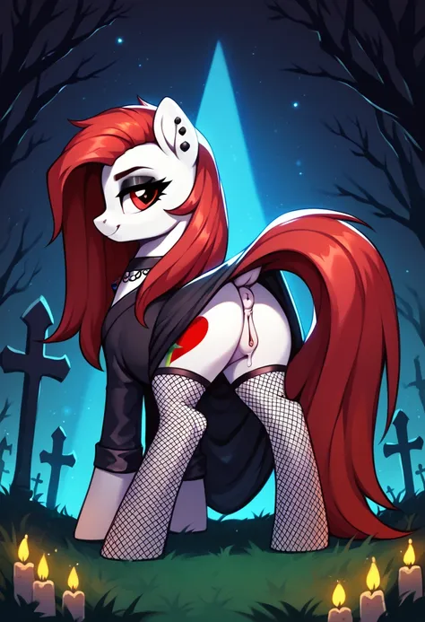 score_9,score_8_up,score_7_up,score_6_up, ((my little pony)), radiant lighting, vibrant colors, whimsical atmosphere, 8K, high resolution, highly detailed, masterpiece, white body, (goth style), very long red hair, red eyes, fishnet stockings, dress, showi...