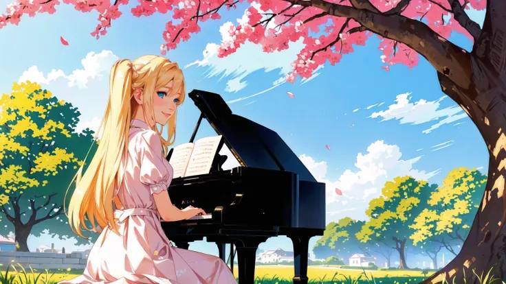 a beautiful blonde girl smiling, with stunning blue eyes, playing a grand piano under a blooming cherry blossom tree with vibrant colors, masterpiece, (best quality,4k,8k,highres,masterpiece:1.2),ultra-detailed,(realistic,photorealistic,photo-realistic:1.3...