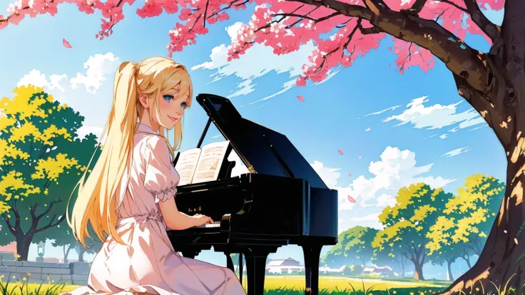 a beautiful blonde girl smiling, with stunning blue eyes, playing a grand piano under a blooming cherry blossom tree with vibrant colors, masterpiece, (best quality,4k,8k,highres,masterpiece:1.2),ultra-detailed,(realistic,photorealistic,photo-realistic:1.3...