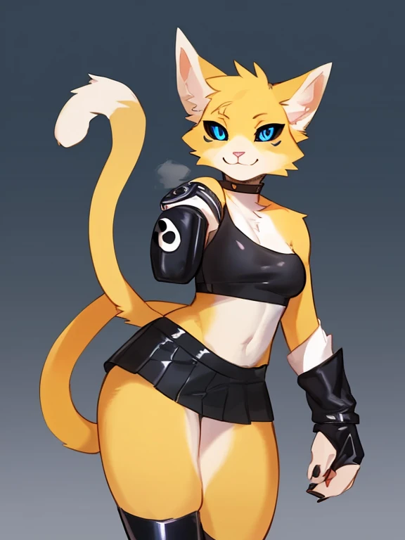 By bebebebebe, by lostgoose, by goonie-san, solo, female, feline, cat, blue fur, blue eyes, black and yellow shirt, shorts, standing,  (((seductive, Leather Skirt, Leather Sports Bra, Bare Shoulder, Bridal Gauntlets, Sleeves))),Furry, Colored Sclera, Furry...