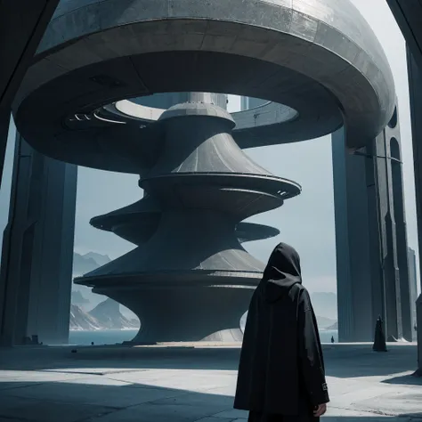 (The best quality)Hooded person looking at the futuristic architecture of an advanced civilization on another planet with dark color palette