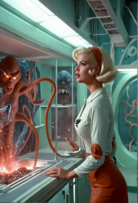 jayne mansfield (age 25, young and vibrant, sexy sci fi scientist), damsel in distress, recoiling from a terrible monster. science lab 1960s sci fi cinema. Show all of her, full body shown
