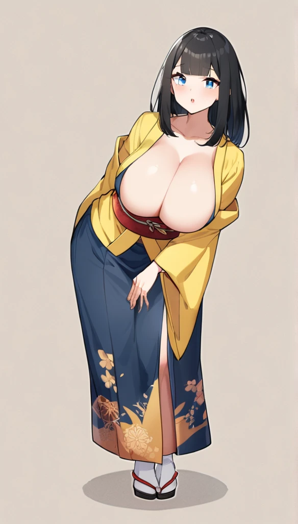  24-years-old, Huge breasts, soft, Long black hair, Straight bangs, Full body illustration of a blue-eyed girl, Japanese Kimono,