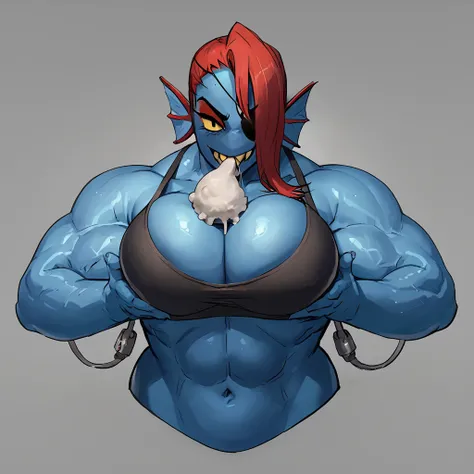 score_9, score_8_up, score_7_up, score_6_up, score_5_up, score_4_up, source_anime, 1girl, undyne (undertale), smiling, looking at viewer, portrait huge overfilled breast_implant, huge keep_inflating_Extrem_like a blimp, filling her up more plump , large Br...