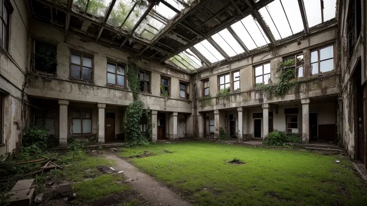 An old and dingy psychiatric hospital, with broken windows and vegetation growing around, illuminated by a dim and mysterious light.