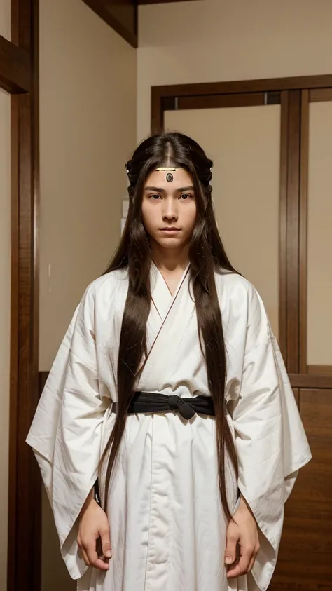 14 years old, Boy, long hair, brown hair, parted in the middle, ninja band on his forehead,  male kimono white Appearance of Neji Hyuga from Naruto  https://images.app.goo.gl/SPRrSc4MFtyZyeDt5