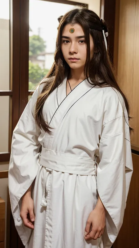 14 years old, Boy, long hair, brown hair, parted in the middle, ninja band on his forehead,  male kimono white Appearance of Neji Hyuga from Naruto  https://images.app.goo.gl/SPRrSc4MFtyZyeDt5