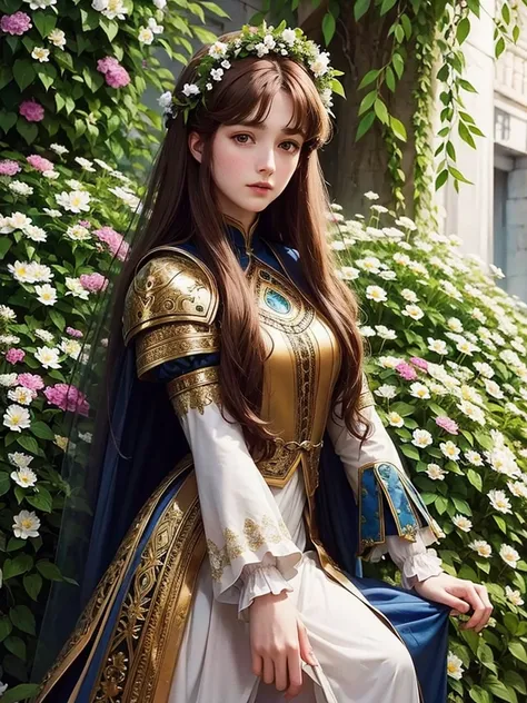 Pre-Raphaelite close-up portrait of a young maiden with long hair, wearing armor, surrounded by flowers, high-quality, high definition