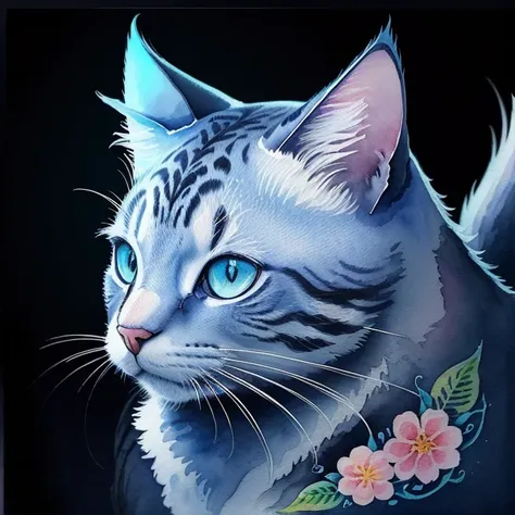 ((animal,Watercolor painting, one cat,cute)), art with colorful flowers, blue colored eyes, from front view, action photo, shiny colors, high détail, black backdrop, Logo design, Neo-Traditional Tattoo Styles, 2d, flat vector, Design , Fantasyart, watercol...