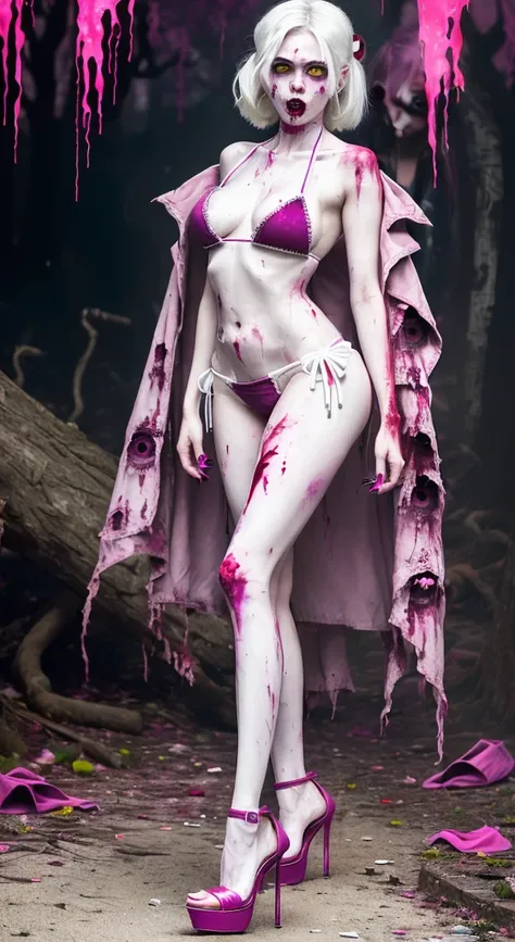 ((Female zombie))((Both eyes are completely white:1.2))((White skin, Really long legs))((very huge))((Wearing a magenta deep V low-cut bikini))((Wear magenta high heels:1.2))((Covered in blood))