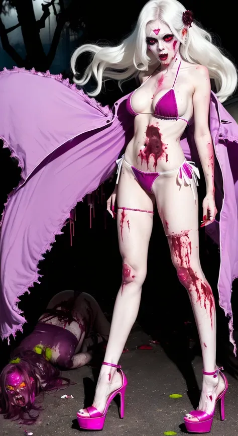 ((Female zombie))((Both eyes are completely white:1.2))((White skin, Really long legs))((very huge))((Wearing a magenta deep V low-cut bikini))((Wear magenta high heels:1.2))((Covered in blood))