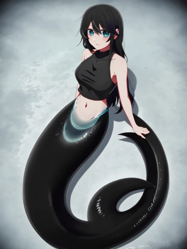 (mermaid:1.0), long black shark tail, full body, midriff black crop top, beautiful perfect symmetrical face, beautiful cute dark...