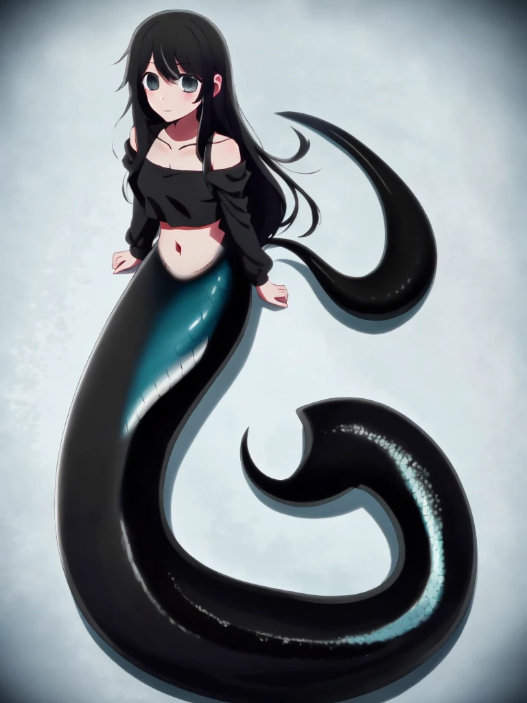 (mermaid:1.0), long black shark tail, full body, midriff black crop top, beautiful perfect symmetrical face, beautiful cute dark...