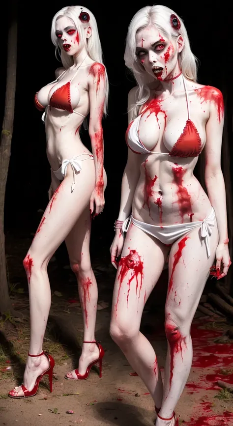 ((Female zombie))((Both eyes are completely white:1.2))((White skin, Really long legs))((very huge))((Wearing a deep red low-cut bikini))((Wear crimson heels:1.2))((Covered in blood))