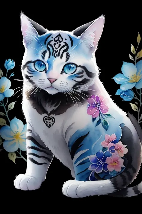 ((animal,Watercolor painting, one cat,cute)), art with colorful flowers, blue colored eyes, from front view, action photo, shiny colors, high détail, black backdrop, Logo design, Neo-Traditional Tattoo Styles, 2d, flat vector, Design arte de fantasia, wate...