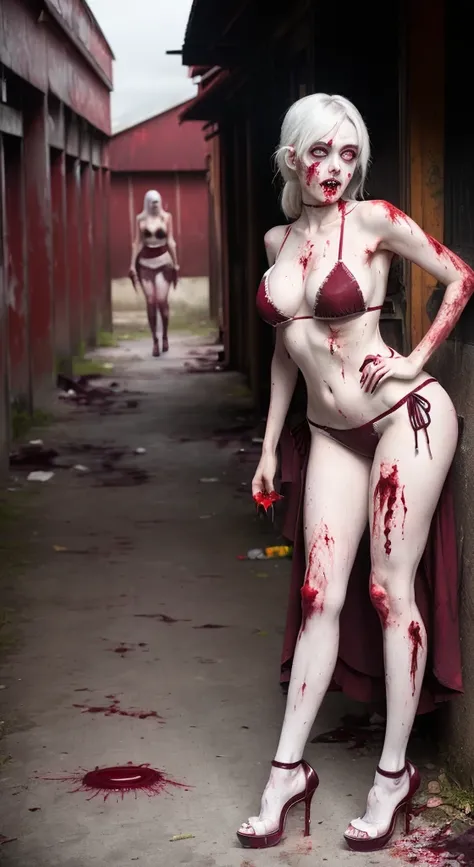 ((Female zombie))((Both eyes are completely white:1.2))((White skin, Really long legs))((very huge))((Wearing a Maroon-colored deep V low-cut bikini))((Wear Maroon colored high heels:1.2))((Covered in blood))