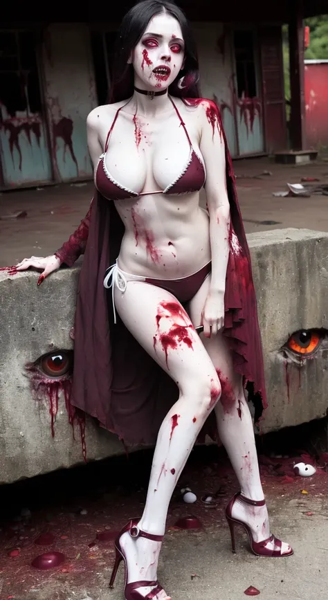 ((Female zombie))((Both eyes are completely white:1.2))((White skin, Really long legs))((very huge))((Wearing a Maroon-colored deep V low-cut bikini))((Wear Maroon colored high heels:1.2))((Covered in blood))