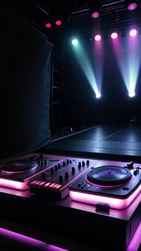 stage with lights, turntable, dj mixer, laptop