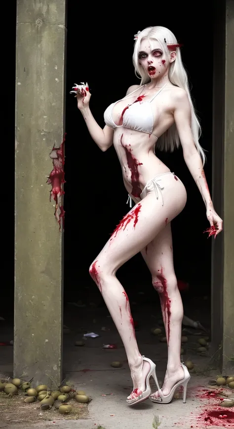 ((Female zombie))((Both eyes are completely white:1.2))((White skin, Really long legs))((very huge))((Wearing an olive deep V low-cut bikini))((Wear olive high heels:1.2))((Covered in blood))