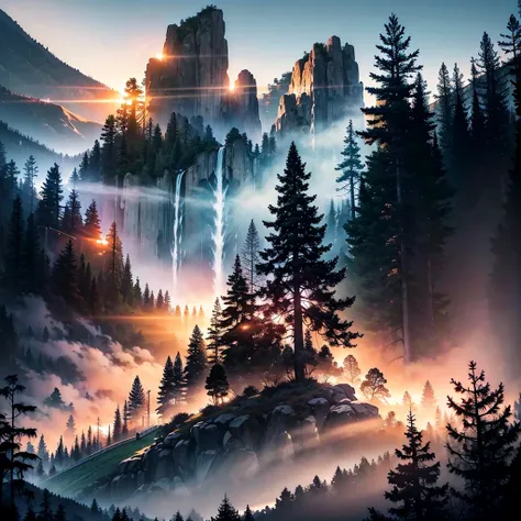 Create an album cover featuring a landscape that evokes the grandeur of California. The image should include towering mountains in the background with rugged peaks and a majestic presence. In the foreground, incorporate tall, dense trees such as pines and ...