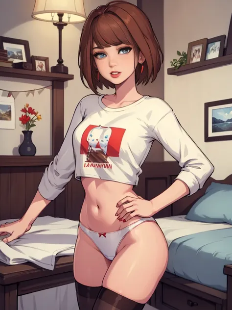 Max Caulfield, (masterpiece), best quality, expressive eyes, ((big hips)), ((hourglass body)), camara on the table, perfect face, 1girl, fit woman, earrings, lipstick, makeup, brown hair, earrings, eyelashes. (((wearing a white tshirt))), (red fashion thon...