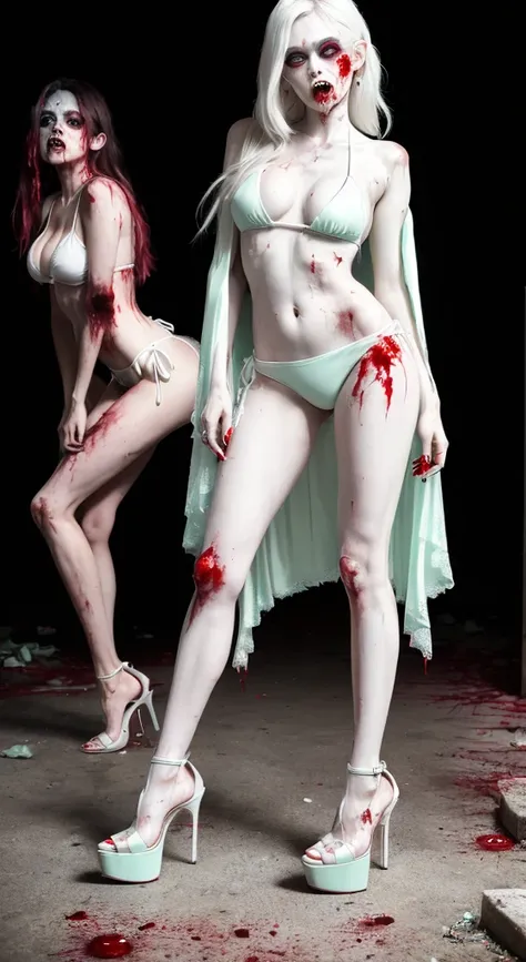 ((Female zombie))((Both eyes are completely white:1.2))((White skin, Really long legs))((very huge))((Wearing a mint deep V low-cut bikini))((Wear mint high heels:1.2))((Covered in blood))