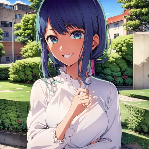 masterpiece, sidelighting,  masterpiece*portrait, lustrous skin, ((1girl, solo)), best background detail,stare,  arousing,lewd, akane,front , ((light smile, happy)),  long hair, looking at viewer, smile, bangs, blue eyes,  shirt, blue hair, white shirt, si...