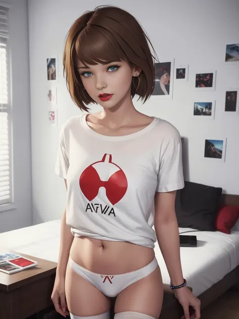 Max Caulfield, (masterpiece), best quality, expressive eyes, ((big hips)), ((hourglass body)), camara on the table, perfect face, 1girl, fit woman, earrings, lipstick, makeup, brown hair, earrings, eyelashes. (((wearing a white tshirt))), (red fashion thon...