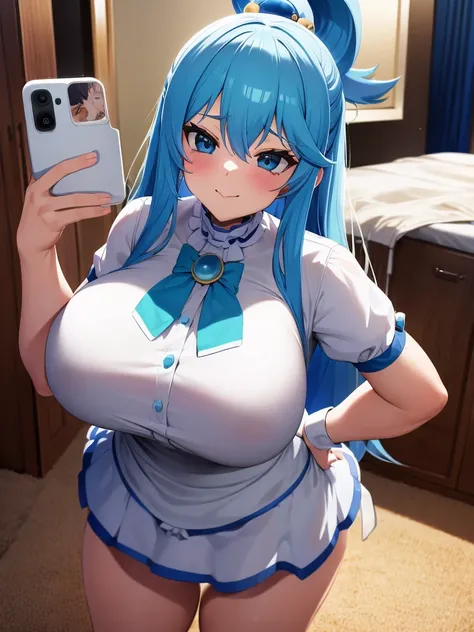 Aqua Konosuba,young,whole body,Looking at the viewer,I look with pity,A high resolution,high quality, masterpiece , white heels, Bedroom,SFV,Mocking smile, white nails,white heels, whole body,sexual,maid clothes, white stockings,Woman with large breasts,ta...