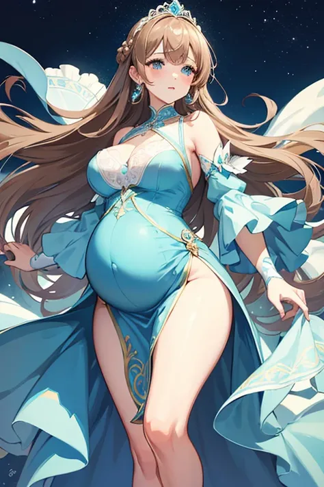 Sexy pregnant princess, elegant tight light elegant blue dress with ornate white details, brown hair, blue eyes, ultra high res