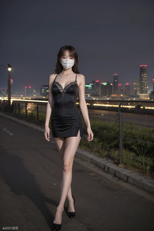 Night view of Beijing，((original photography:1.2))，RAW photos,Top quality, masterpiece, Ultra HD, (Reality: 1.4), 1 Girl, (Perfect body)，Full body portrait，stylish hair, Very curly hair, delicate eyes, Detailed eyes，(With a mask)， Medium breasts，Stylish ra...