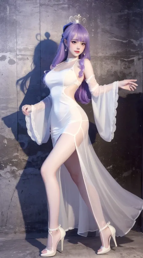 8K, Surreal, masterpiece, best quality, Very detailed, high resolution, Random Background, 1 girl, (:1.5), Yao Liuer, White Dress，translucent，whole body，High heel白色透明婚纱，High heel，whole body，Purple Hair，Light mines