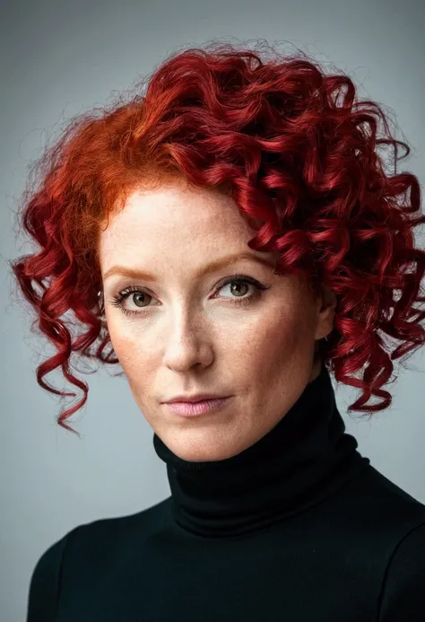 there is a woman with red hair and a black turtle neck,woman with red hair, Portrait of a woman with red hair, vibrant and vibrant red hair, , curly red hair, with curly red hair, color portrait, headshot portrait, curly red hair